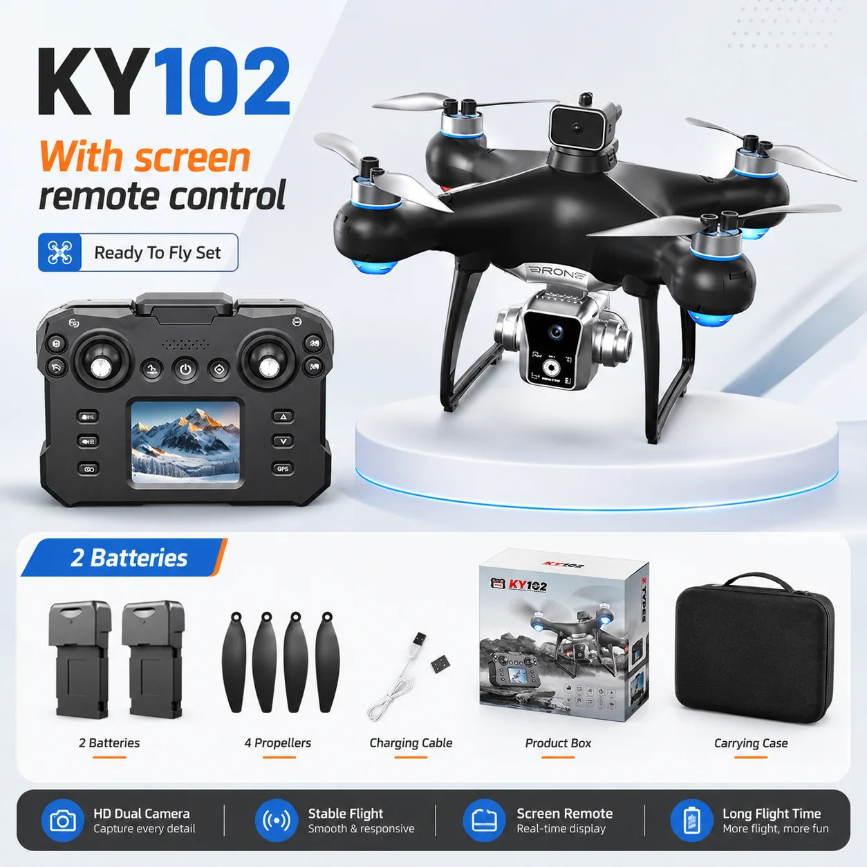 Brushless Drone KY102 With Screen Remote 360 Obstacle Avoidance HD Dual Camera Optical Flow Hover Color LED Light RC Aerial Quadcopter