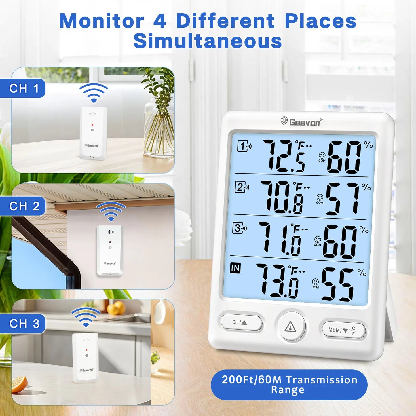 Indoor Outdoor Thermometer Wireless 3 Remote Sensors, 5-Inch Display Digital Hygrometer Thermometer Temperature Humidity