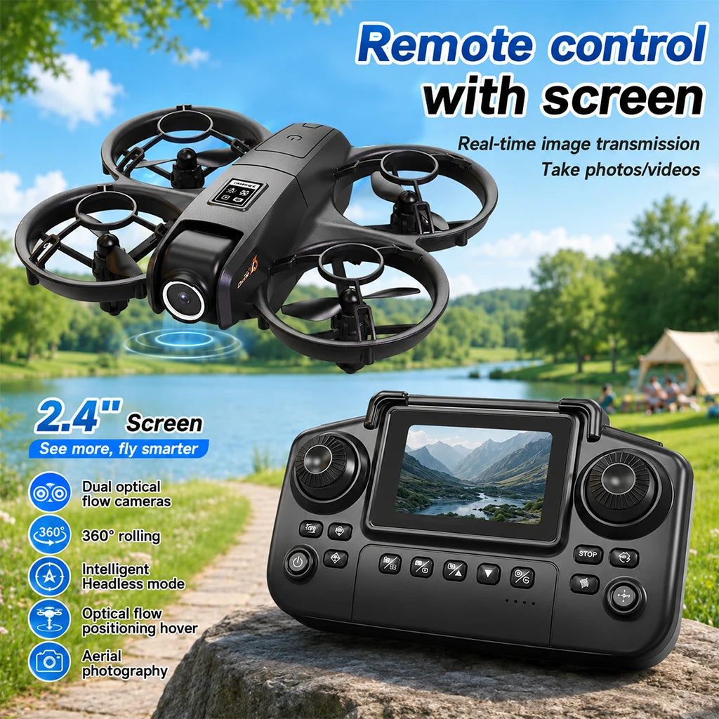 Mini Full Protective Drone YL3PK With 2.4 Inch Screen Remote Dual Camera Optical Flow Hover 2 Batteries Indoor RC Quadcopter