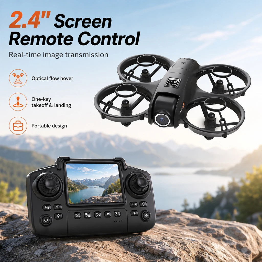 Mini Full Protective Drone YL3PK With 2.4 Inch Screen Remote Dual Camera Optical Flow Hover 2 Batteries Indoor RC Quadcopter