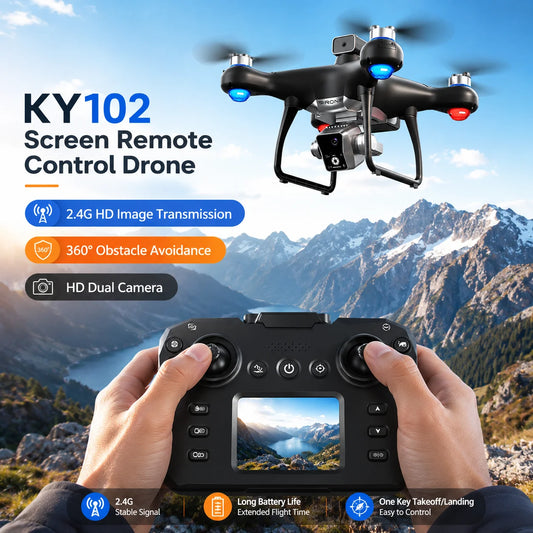 Brushless Drone KY102 With Screen Remote 360 Obstacle Avoidance HD Dual Camera Optical Flow Hover Color LED Light RC Aerial Quadcopter