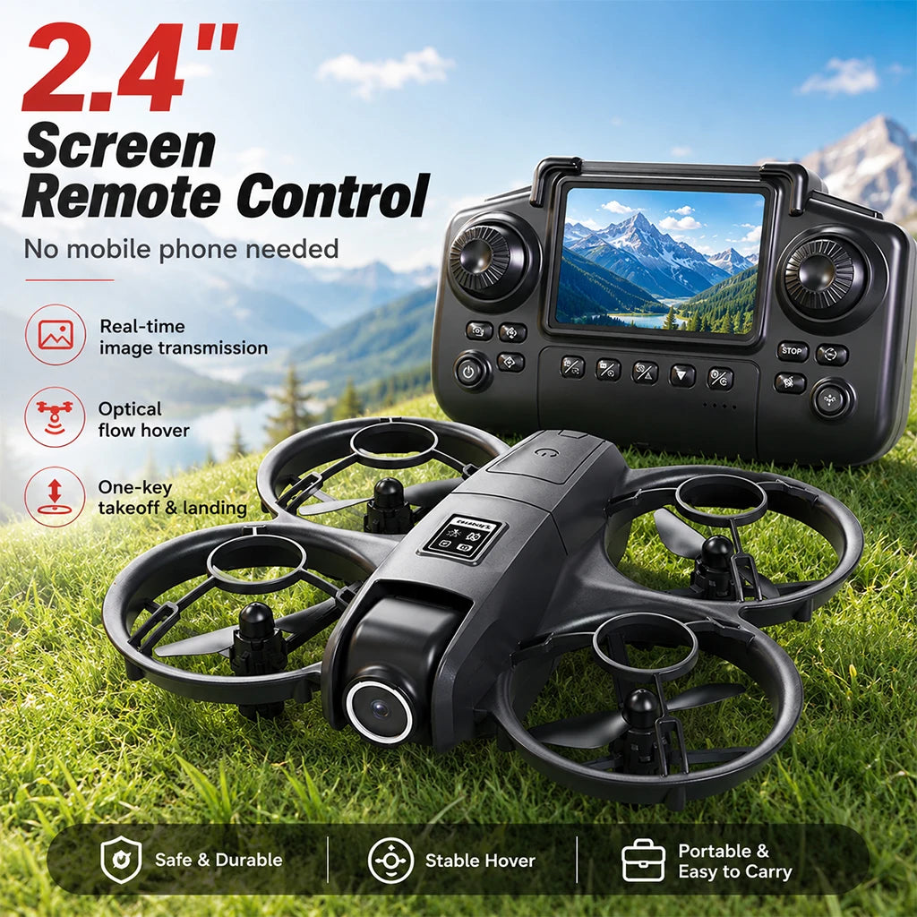 Mini Full Protective Drone YL3PK With 2.4 Inch Screen Remote Dual Camera Optical Flow Hover 2 Batteries Indoor RC Quadcopter