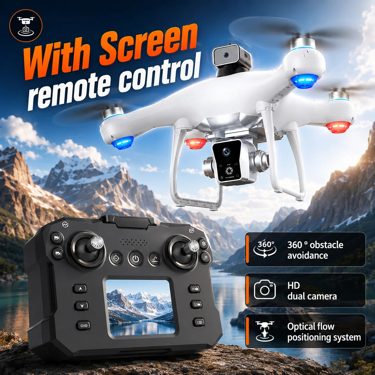Brushless Drone KY102 With Screen Remote 360 Obstacle Avoidance HD Dual Camera Optical Flow Hover Color LED Light RC Aerial Quadcopter