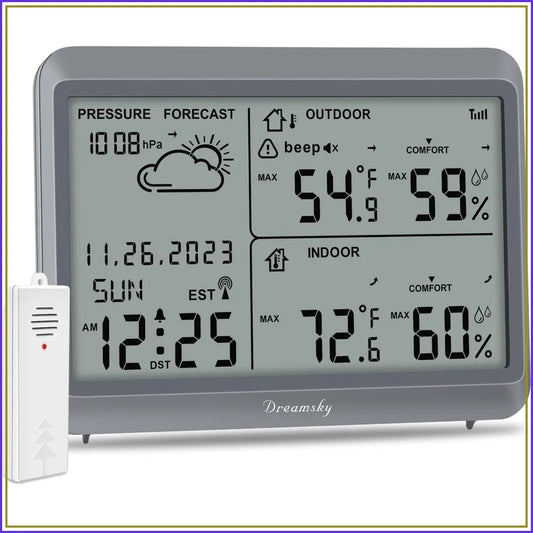 Wireless Weather Station Indoor Outdoor Thermometer Battery Powered Atomic Clock with Temp, Humidity, Date & Day Forecast