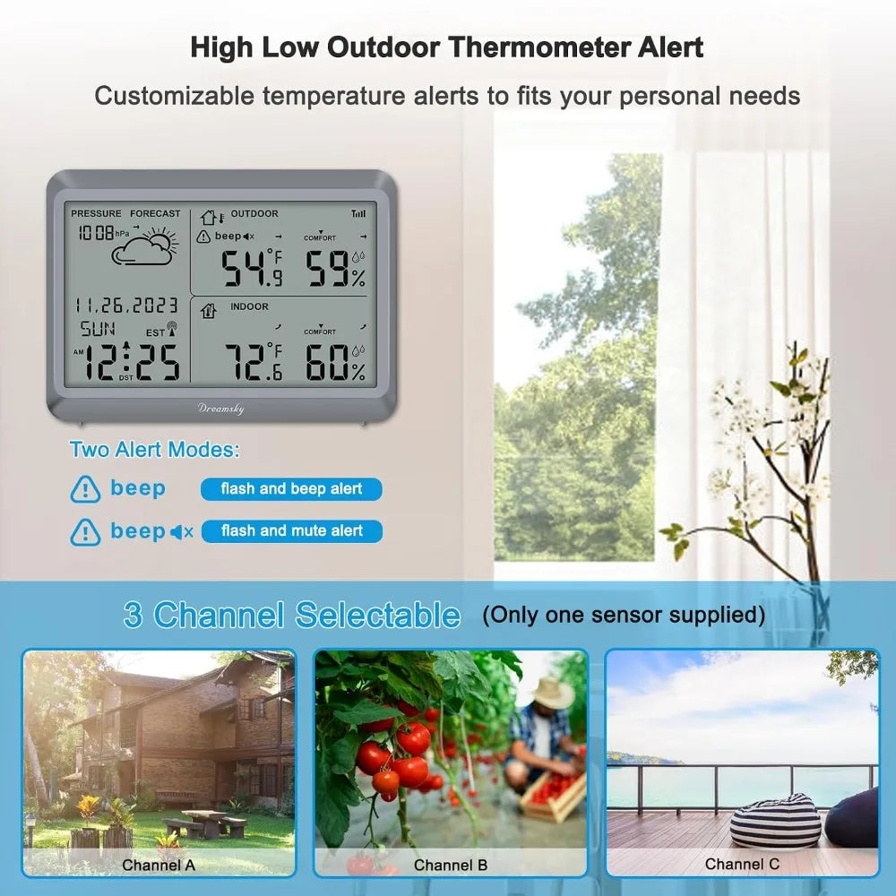 Wireless Weather Station Indoor Outdoor Thermometer Battery Powered Atomic Clock with Temp, Humidity, Date & Day Forecast
