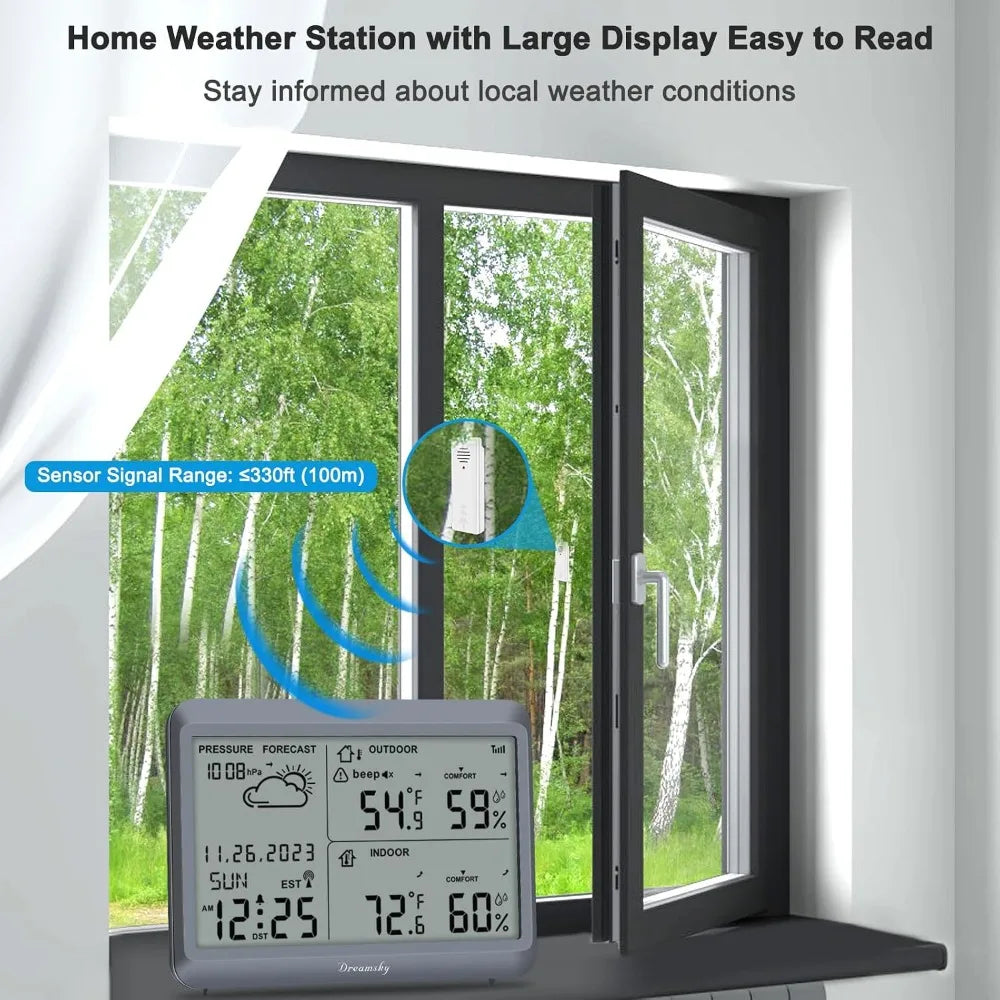 Wireless Weather Station Indoor Outdoor Thermometer Battery Powered Atomic Clock with Temp, Humidity, Date & Day Forecast