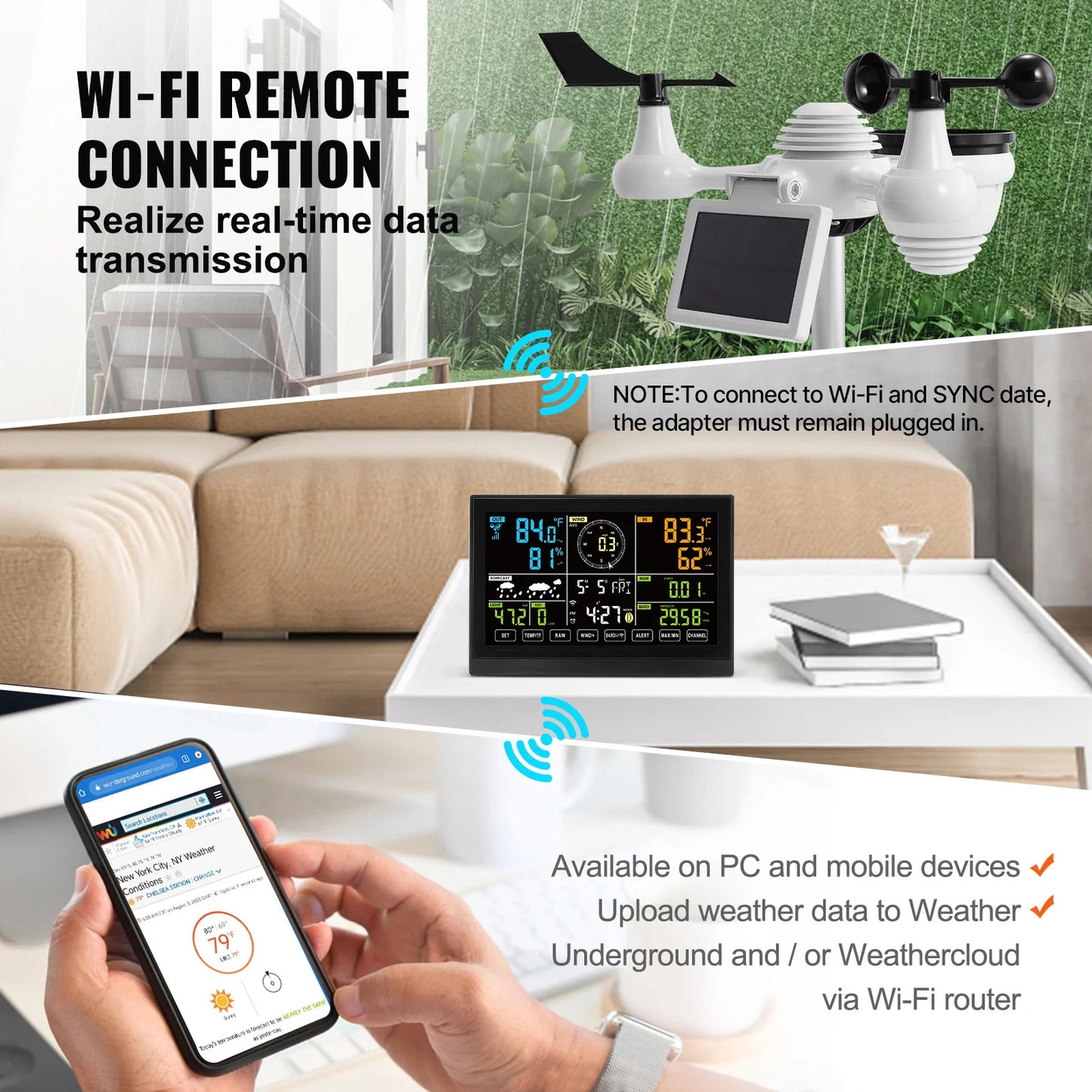 7-in-1 Wi-Fi Weather Station 7.5 in Color Display + Solar Wireless Outdoor Sensor Alarm Alerts for Temperature Humidity