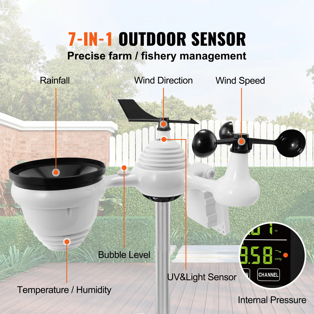 7-in-1 Wi-Fi Weather Station 7.5 in Color Display + Solar Wireless Outdoor Sensor Alarm Alerts for Temperature Humidity