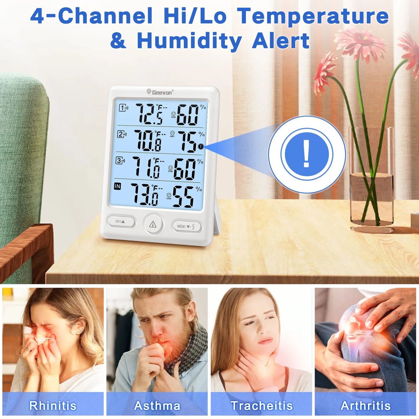 Indoor Outdoor Thermometer Wireless 3 Remote Sensors, 5-Inch Display Digital Hygrometer Thermometer Temperature Humidity