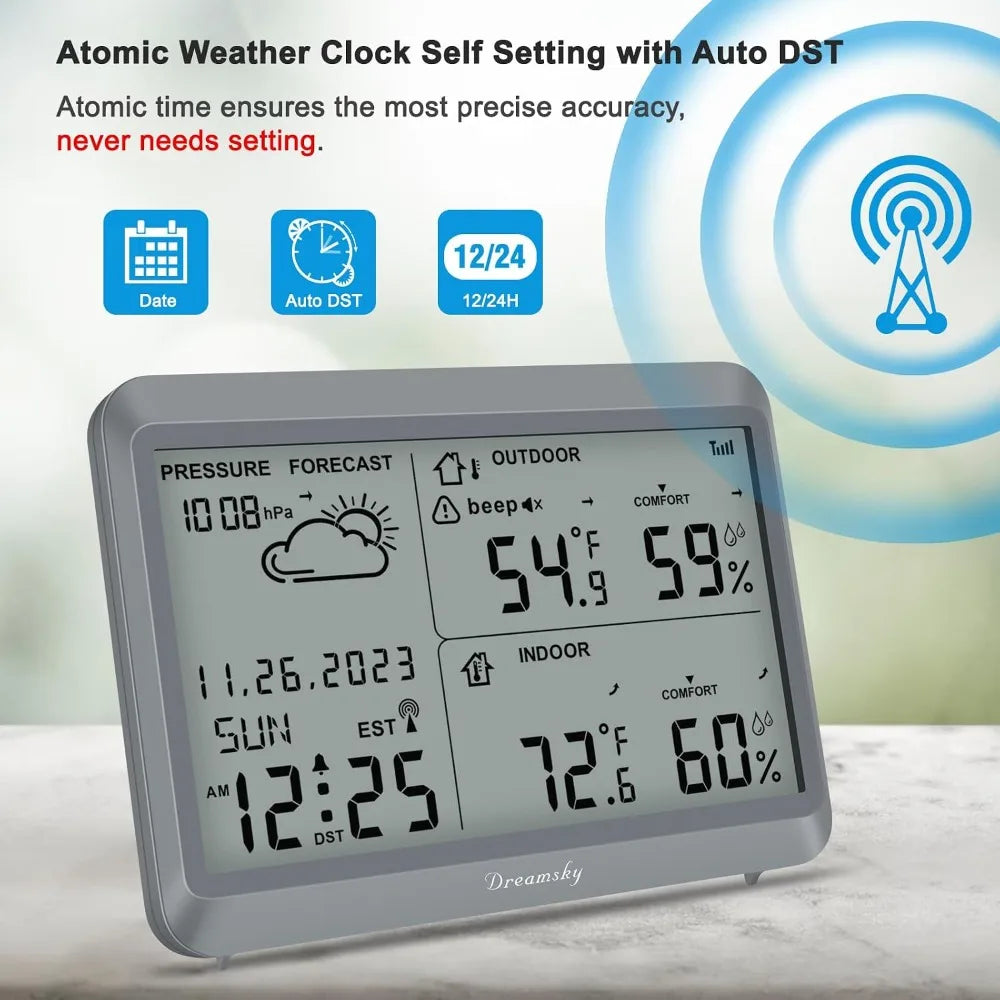 Wireless Weather Station Indoor Outdoor Thermometer Battery Powered Atomic Clock with Temp, Humidity, Date & Day Forecast