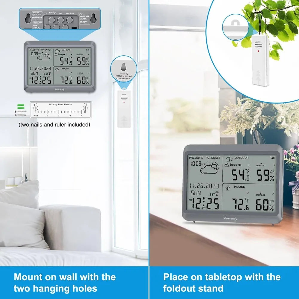 Wireless Weather Station Indoor Outdoor Thermometer Battery Powered Atomic Clock with Temp, Humidity, Date & Day Forecast