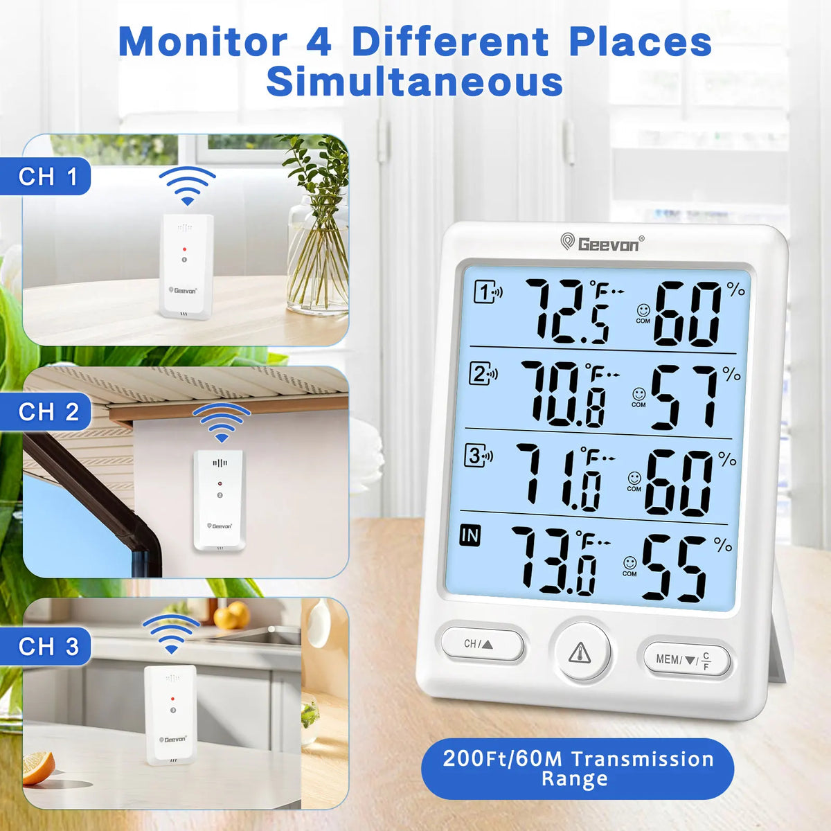Indoor Outdoor Thermometer Wireless 3 Remote Sensors, 5-Inch Display Digital Hygrometer Thermometer Temperature Humidity
