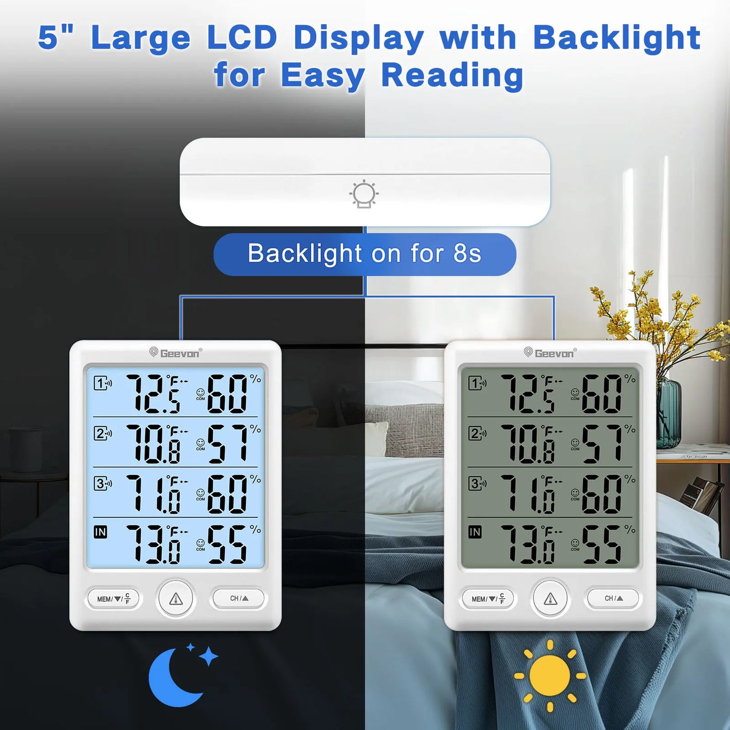 Indoor Outdoor Thermometer Wireless 3 Remote Sensors, 5-Inch Display Digital Hygrometer Thermometer Temperature Humidity