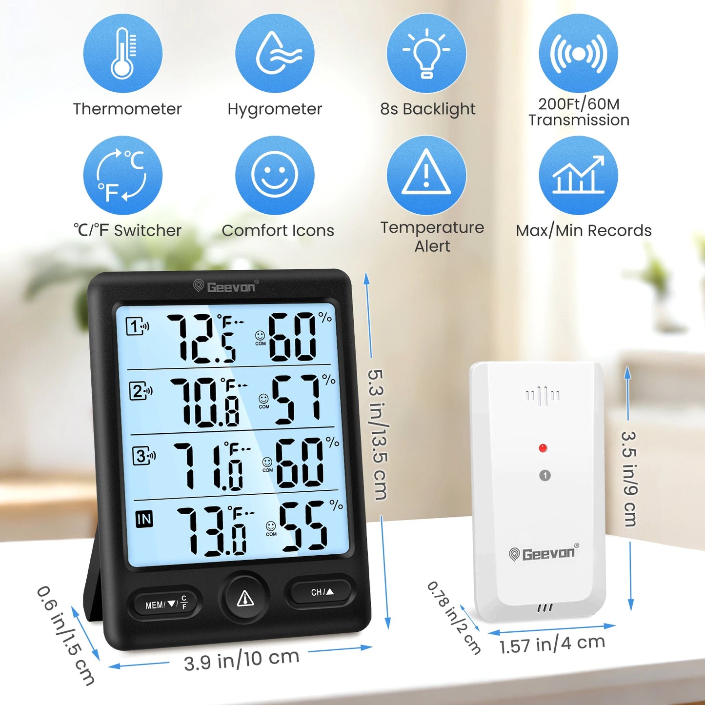 Indoor Outdoor Thermometer Wireless 3 Remote Sensors, 5-Inch Display Digital Hygrometer Thermometer Temperature Humidity
