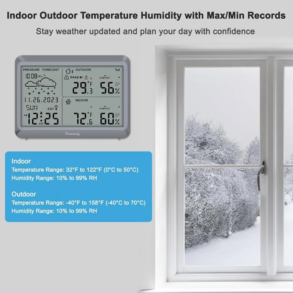 Wireless Weather Station Indoor Outdoor Thermometer Battery Powered Atomic Clock with Temp, Humidity, Date & Day Forecast